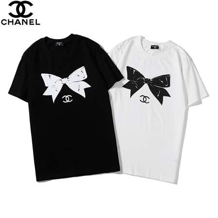 CHANEL 蝶结びロゴプリント丸襟Tシャツ